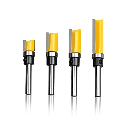 Exqutoo 1/4 Inch Shank Pattern Flush Trim Router Bit Set (4 Sizes) Carbide Bits with Top Bearing 1/2' Cutting Diameter Woodworking Milling Cutter Tool Router Table Accessories Wood Trimming Tools