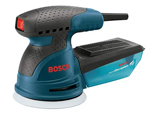 BOSCH ROS20VSC Palm Sander 2.5 Amp 5 In. Corded Variable Speed Random Orbital Sander/Polisher Kit with Dust Collector and Soft Carrying Bag