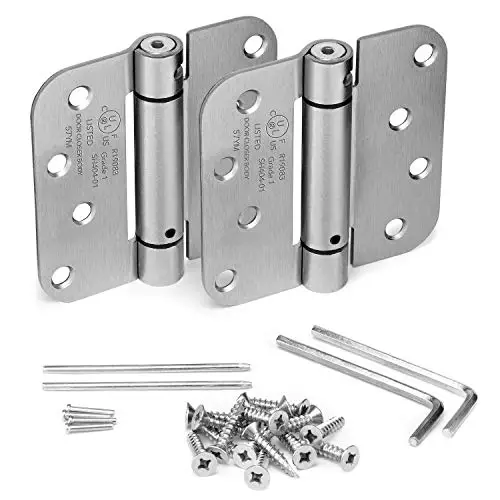KS Hardware Mortise Spring Hinge | Automatic Self Closing Door Hinges with Complete Installation Hardware | 4' X 4' with 5/8' Radius Corners | 2 Pack, Satin Nickel Finish