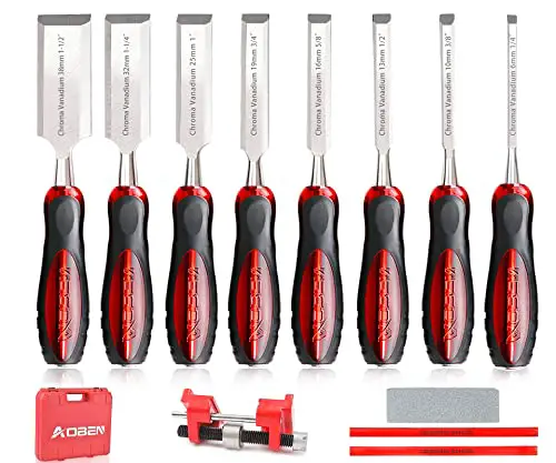 AOBEN 12 pc Wood Chisel Set Premium Wood Carving Chisels Sturdy Heat-Treated Cr-V Alloy Blades Woodworking Tools with 8 Full Tang Wood Chisels Tools,Honing Guide,Sharpening Stone,2 Carpenter Pencils