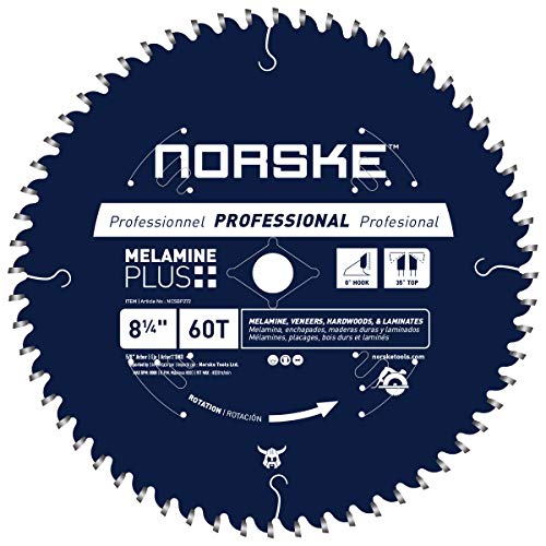 Norske Tools NCSBP272 8-1/4 inch 60T Melamine Plus Saw Blade for Ultra-Smooth Cutting of Melamine, Laminates, Hardwoods and Laminate Flooring 5/8 inch Bore with Diamond Knockout