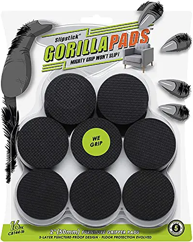 GorillaPads Non Slip Furniture Pads/Floor Grippers (Set of 16 Grips) 2 Inch Round Floor Protectors for Under Furniture, Black, CB144-16